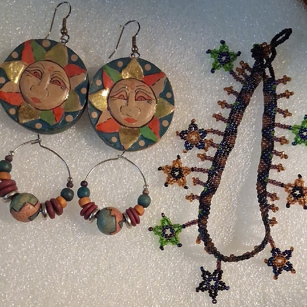 Handcrafted Sun and Moon Earrings With Beaded Star Bracelete.